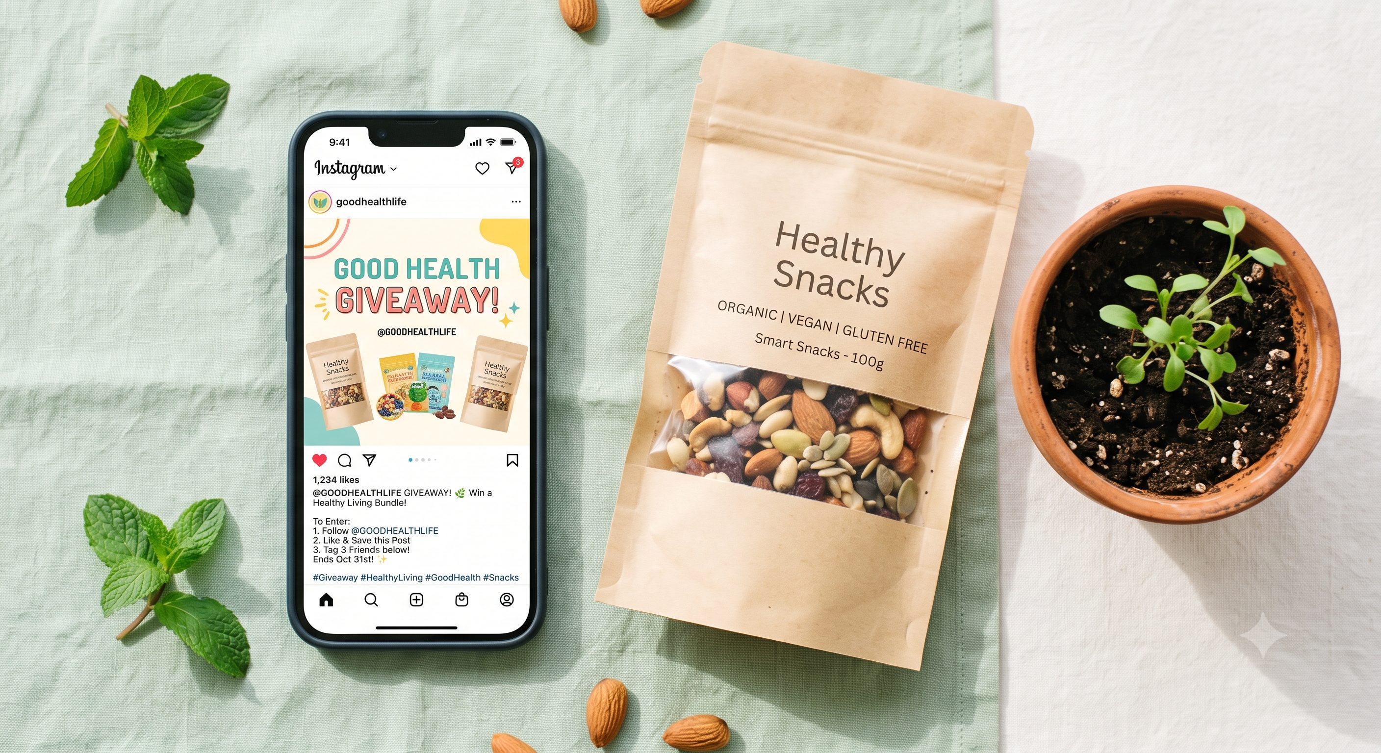 Good Health sweepstakes giveaway post next to healthy snack packaging