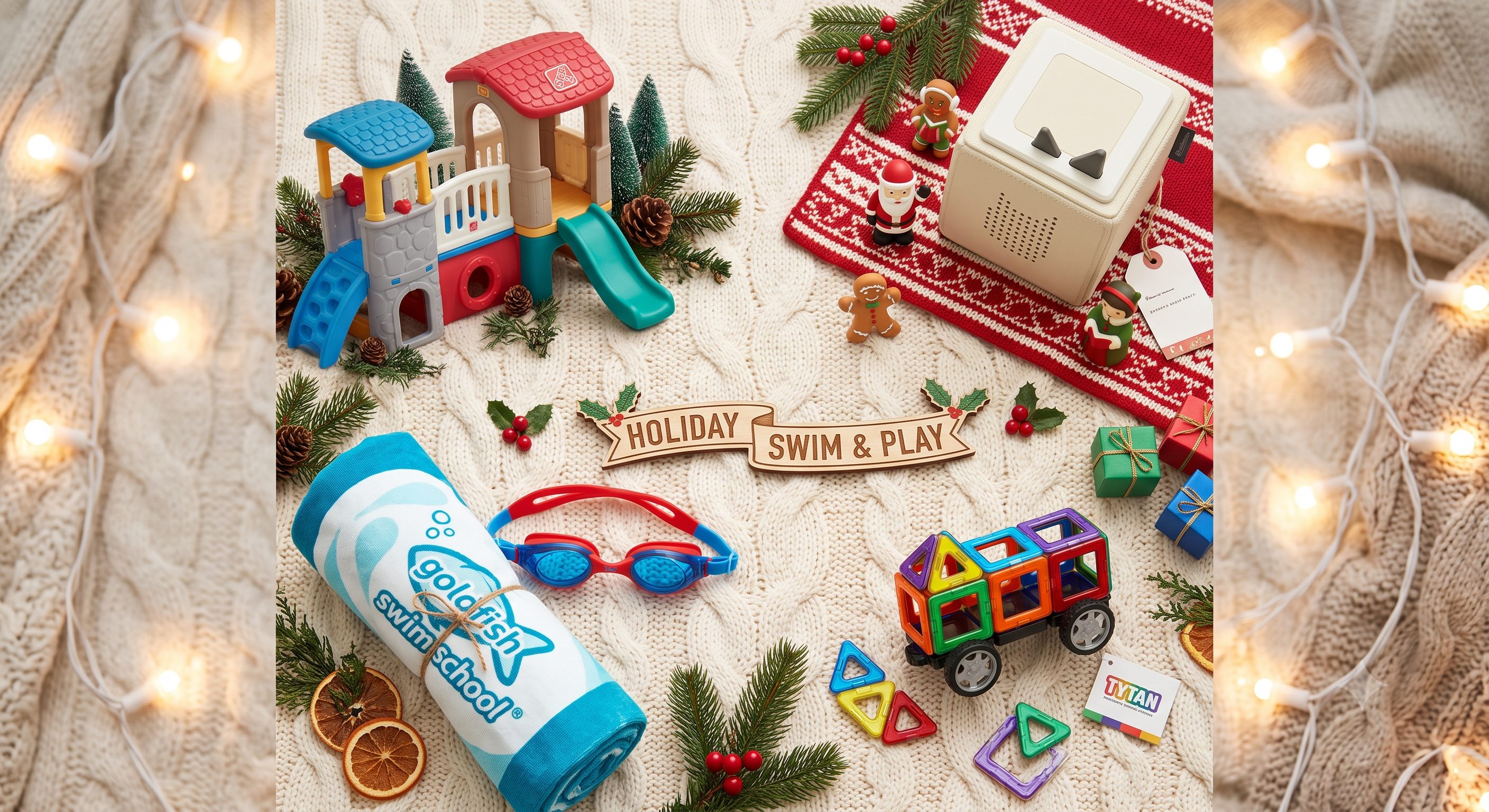 A holiday flat lay of Step2, Tonies, Goldfish Swim School, and Tytan Toys products