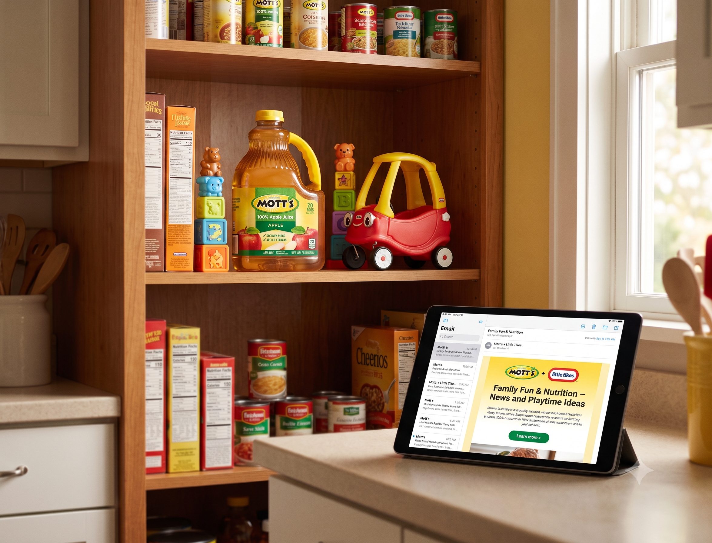 Mott's and Little Tikes in a family pantry, with an email newsletter open on a tablet