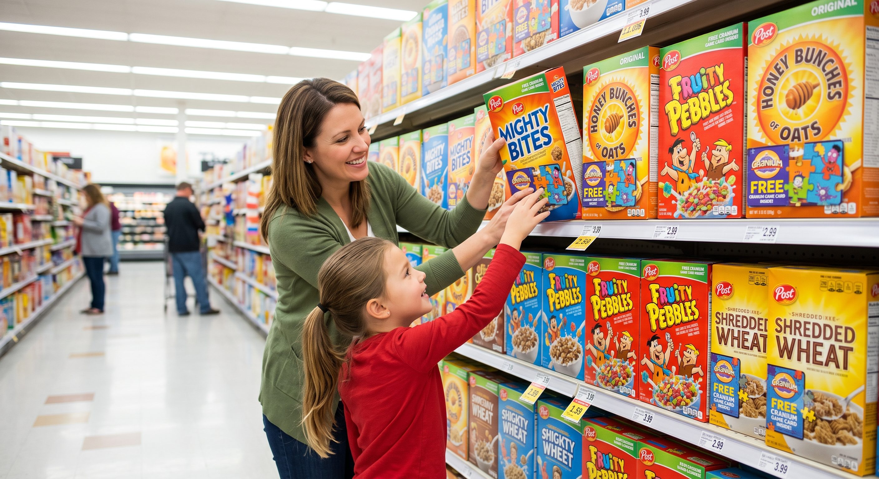 A parent and child reaching for Post cereal boxes featuring Cranium game cards