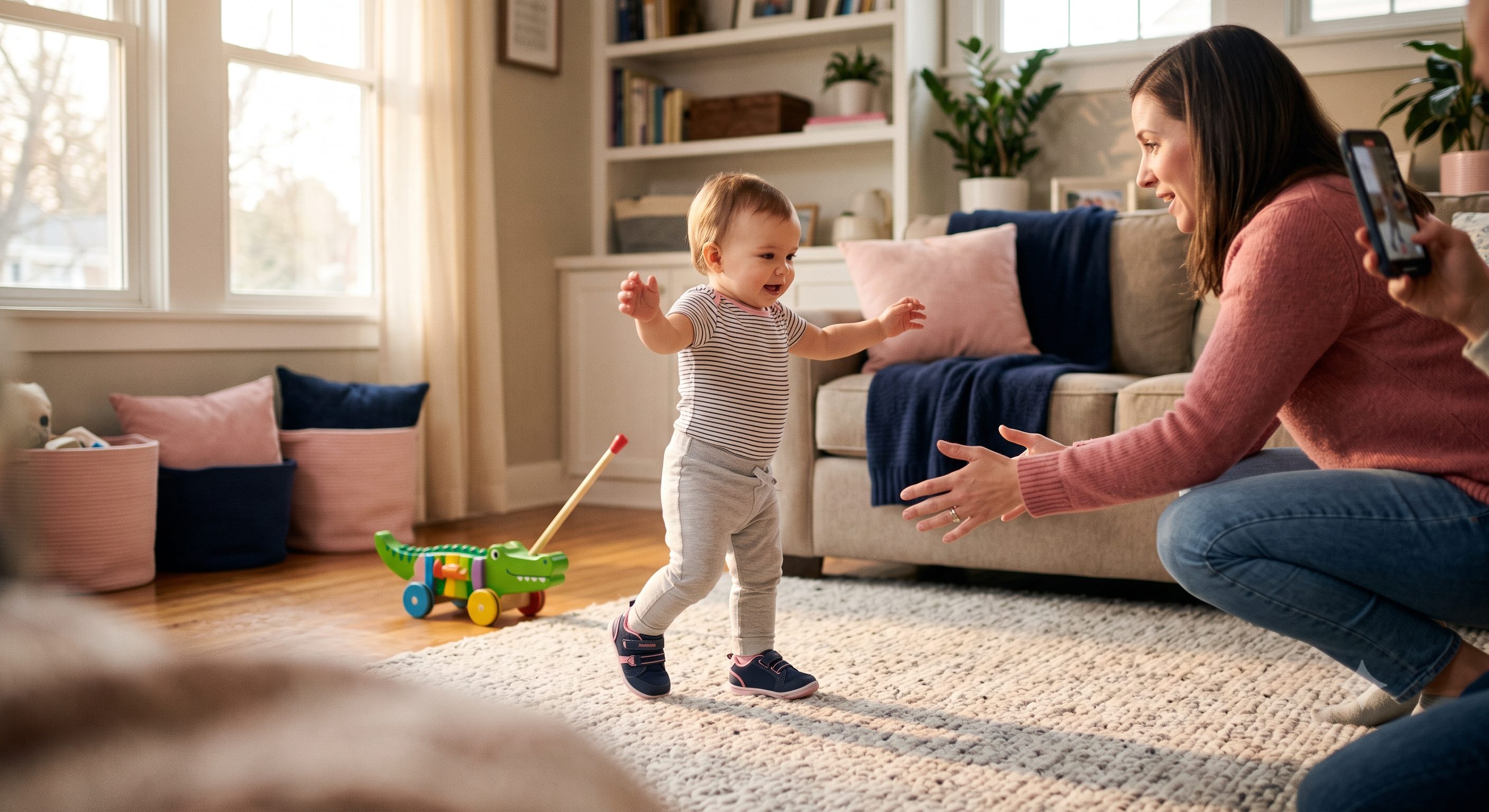 A toddler taking first steps in Stride Rite shoes next to a Melissa & Doug walking toy