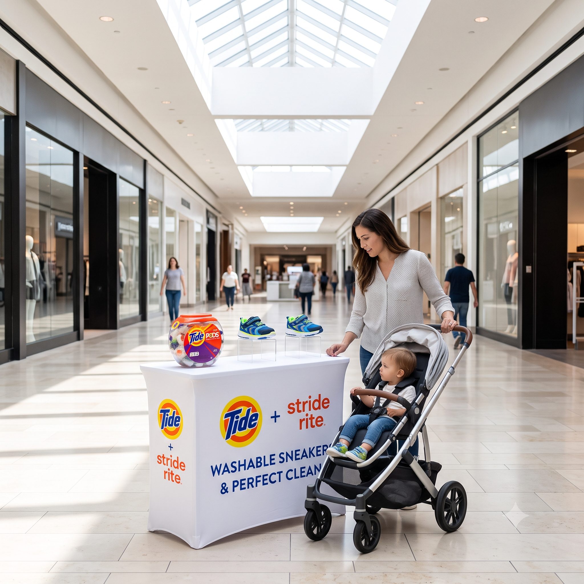 A Tide and Stride Rite in-mall sampling table with washable sneakers, a mom pausing with a stroller