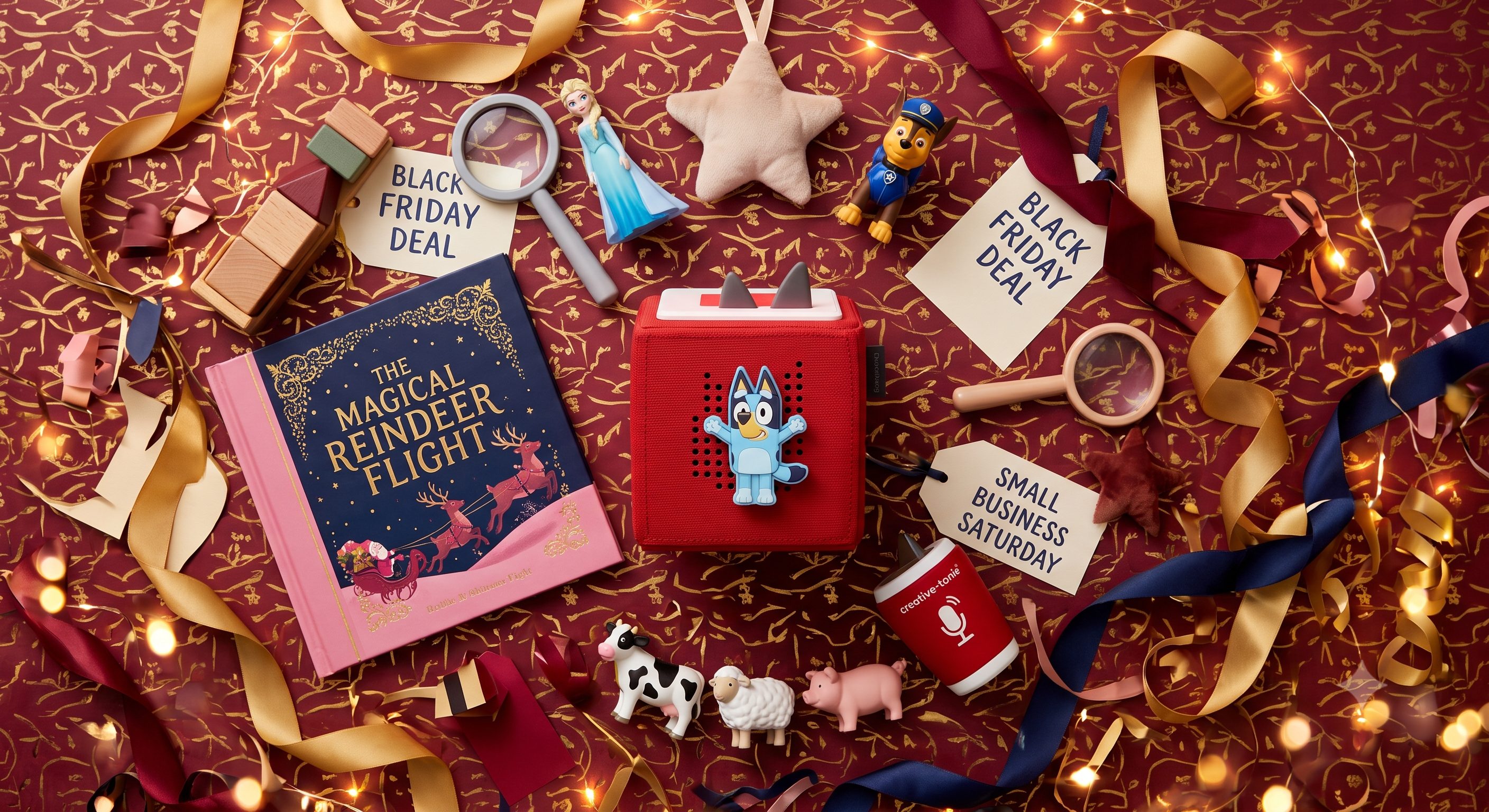 A Black Friday and Small Business Saturday flat lay of Tonies2 and six complementary kids' brand products