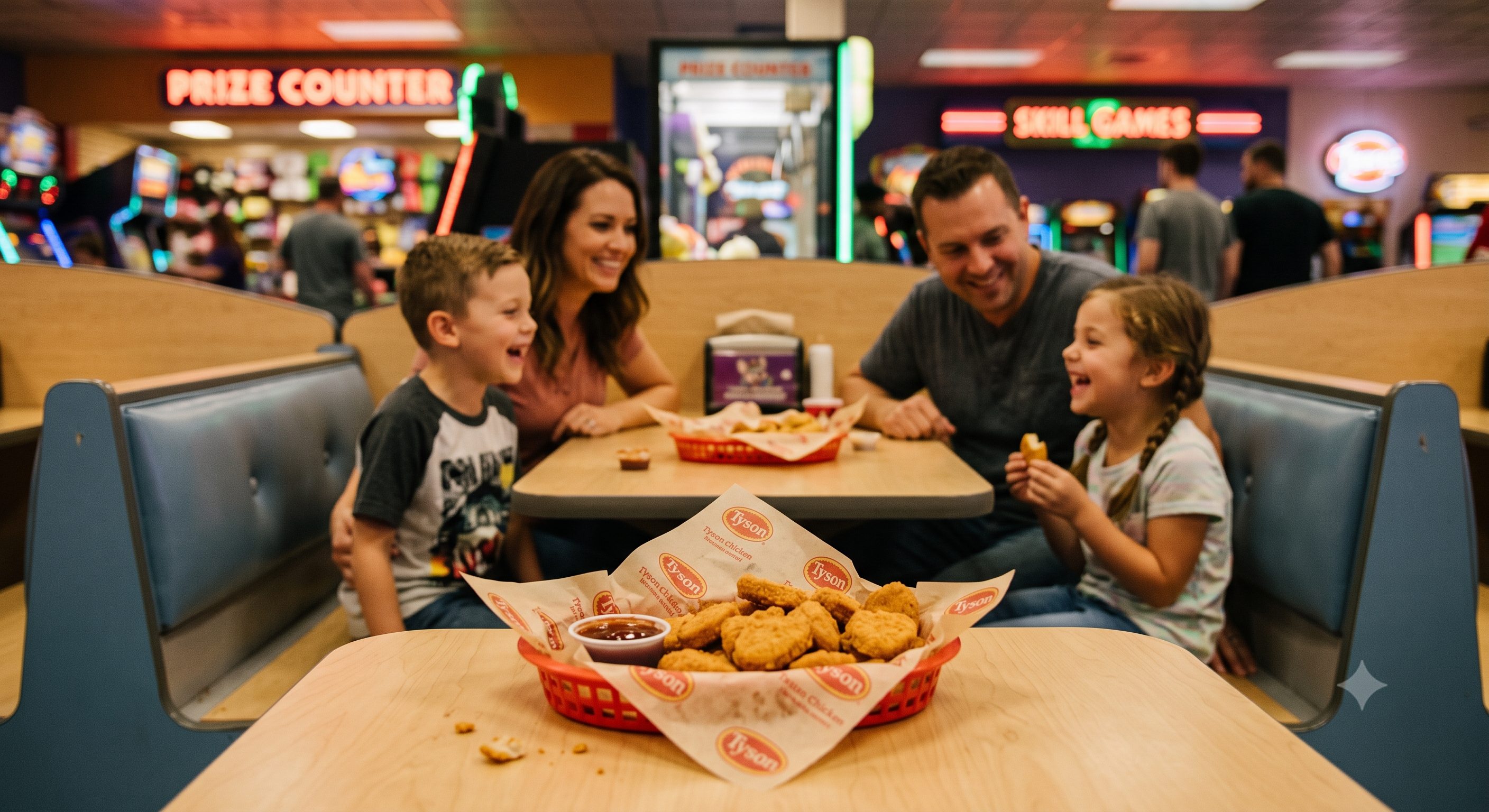 A family sharing Tyson chicken nuggets at Chuck E. Cheese's