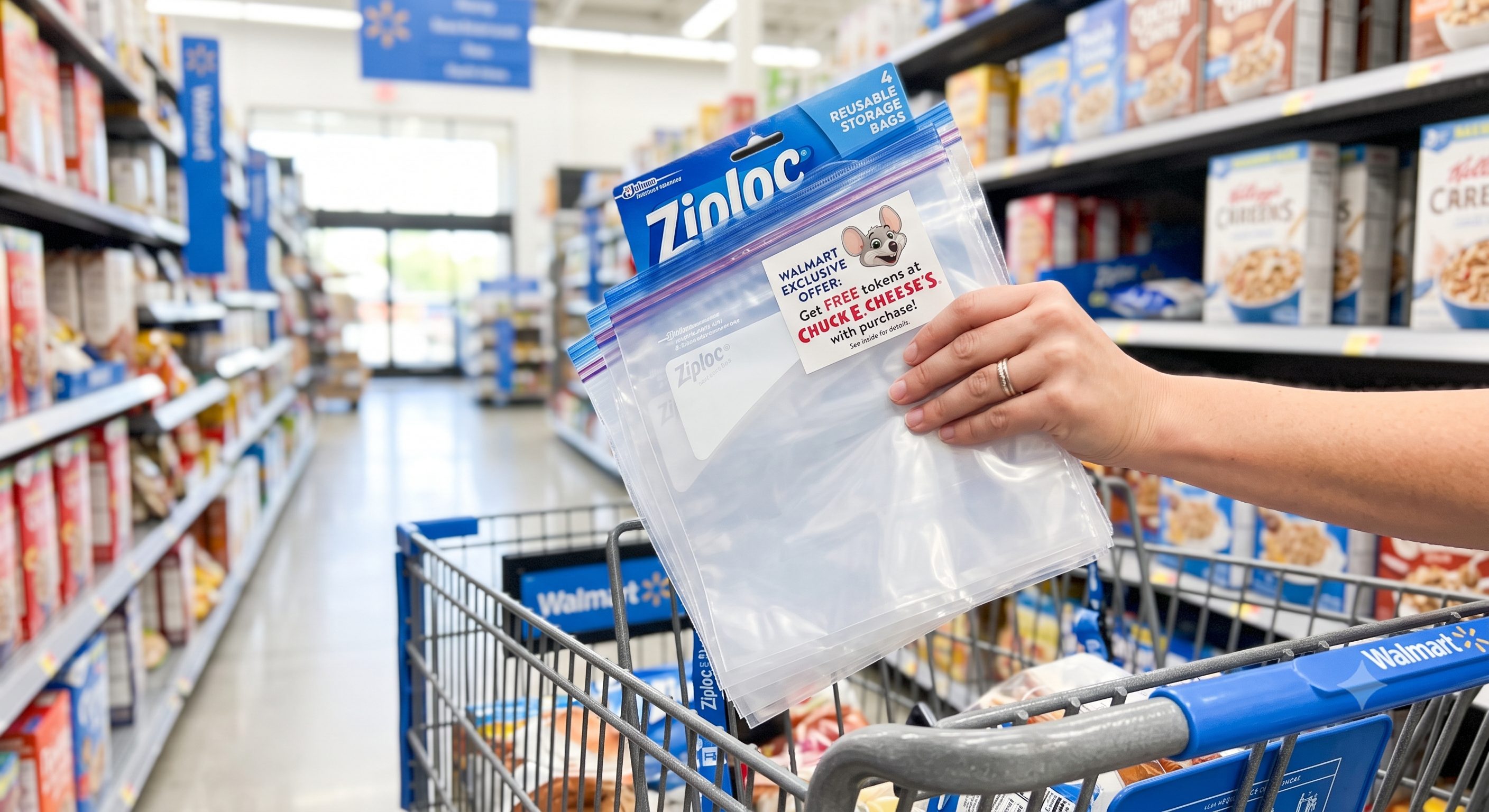 A shopper holding Ziploc storage bags with a Chuck E. Cheese offer sticker, in a Walmart aisle