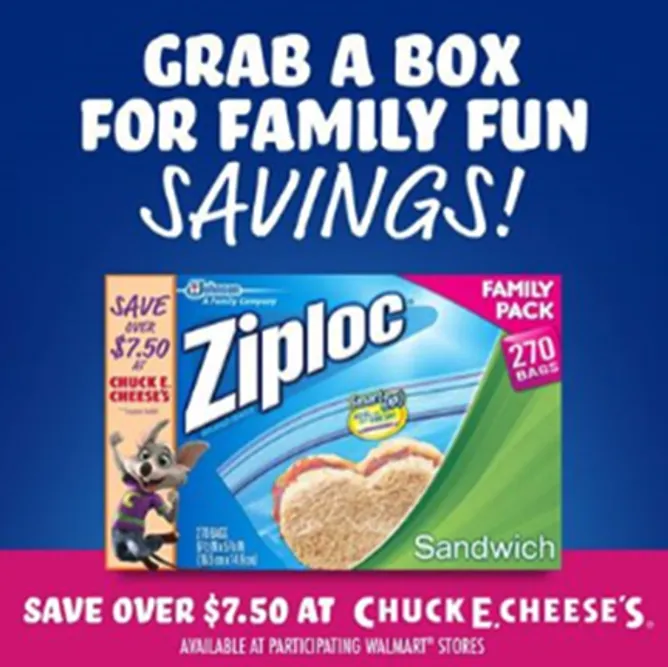 Ziploc and Chuck E. Cheese's on-pack partnership creative